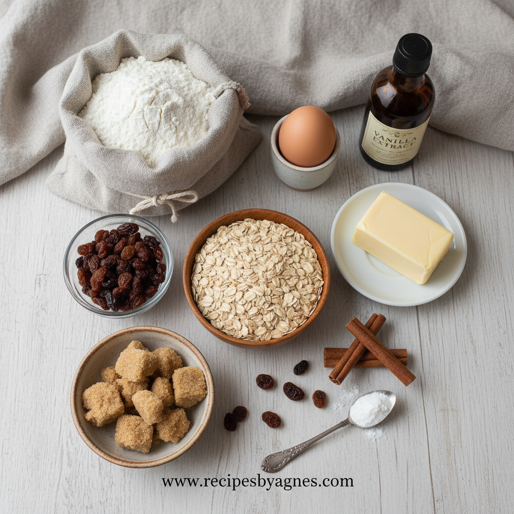 Ingredients for chewy oatmeal cookies