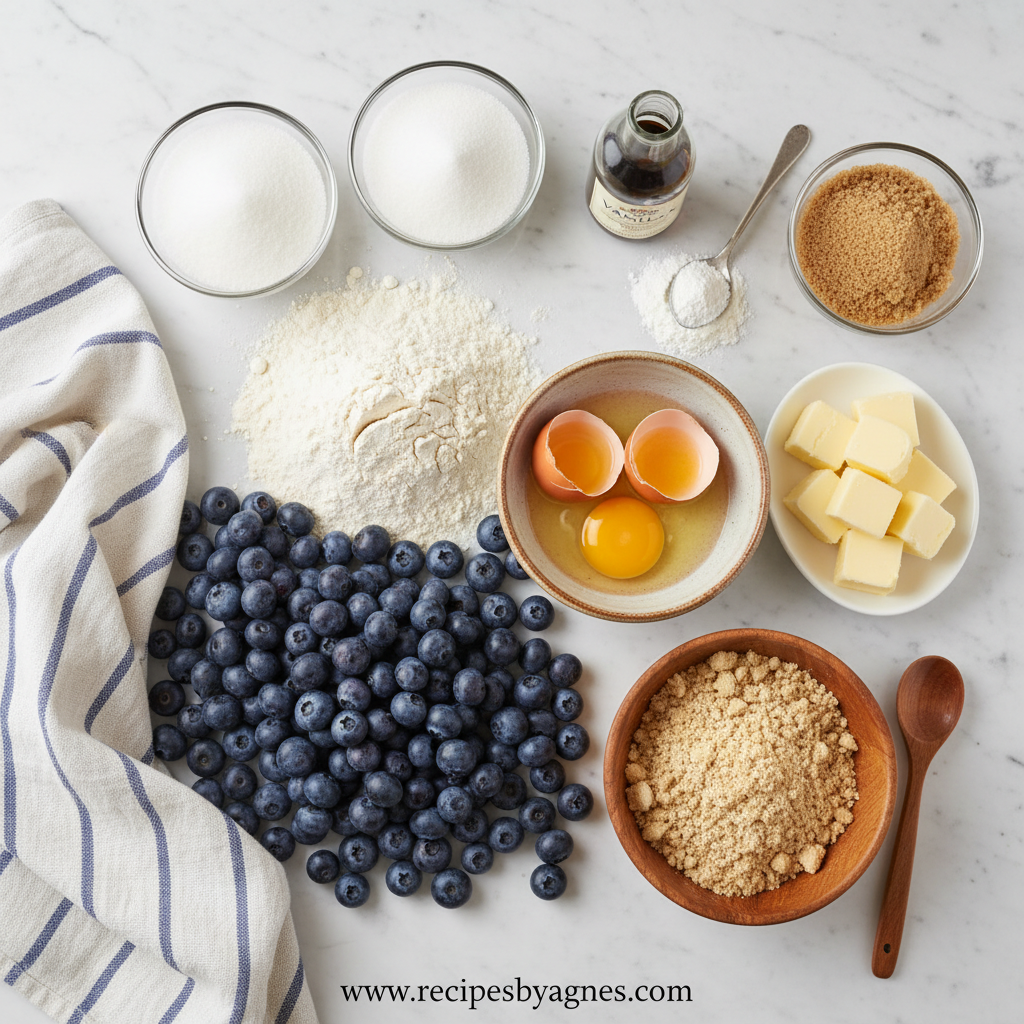Ingredients for blueberry muffins with crumble topping