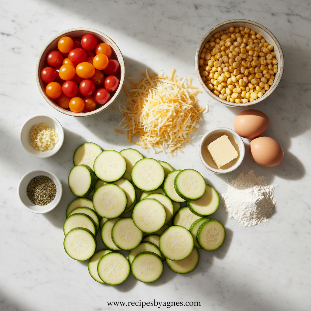 Ingredients for Easy Cheesy Zucchini Corn Tomato Bake