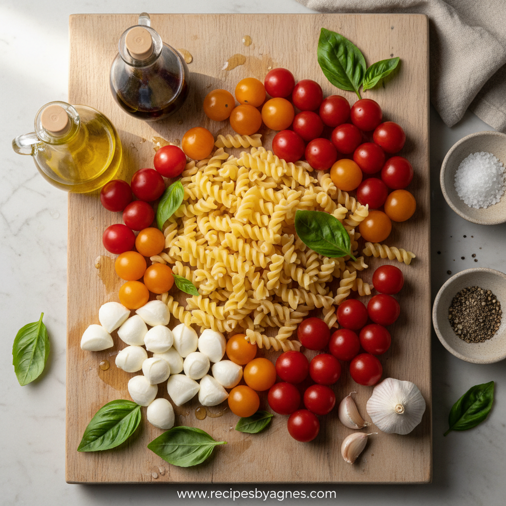 Ingredients for Easy Creamy Caprese Pasta Salad