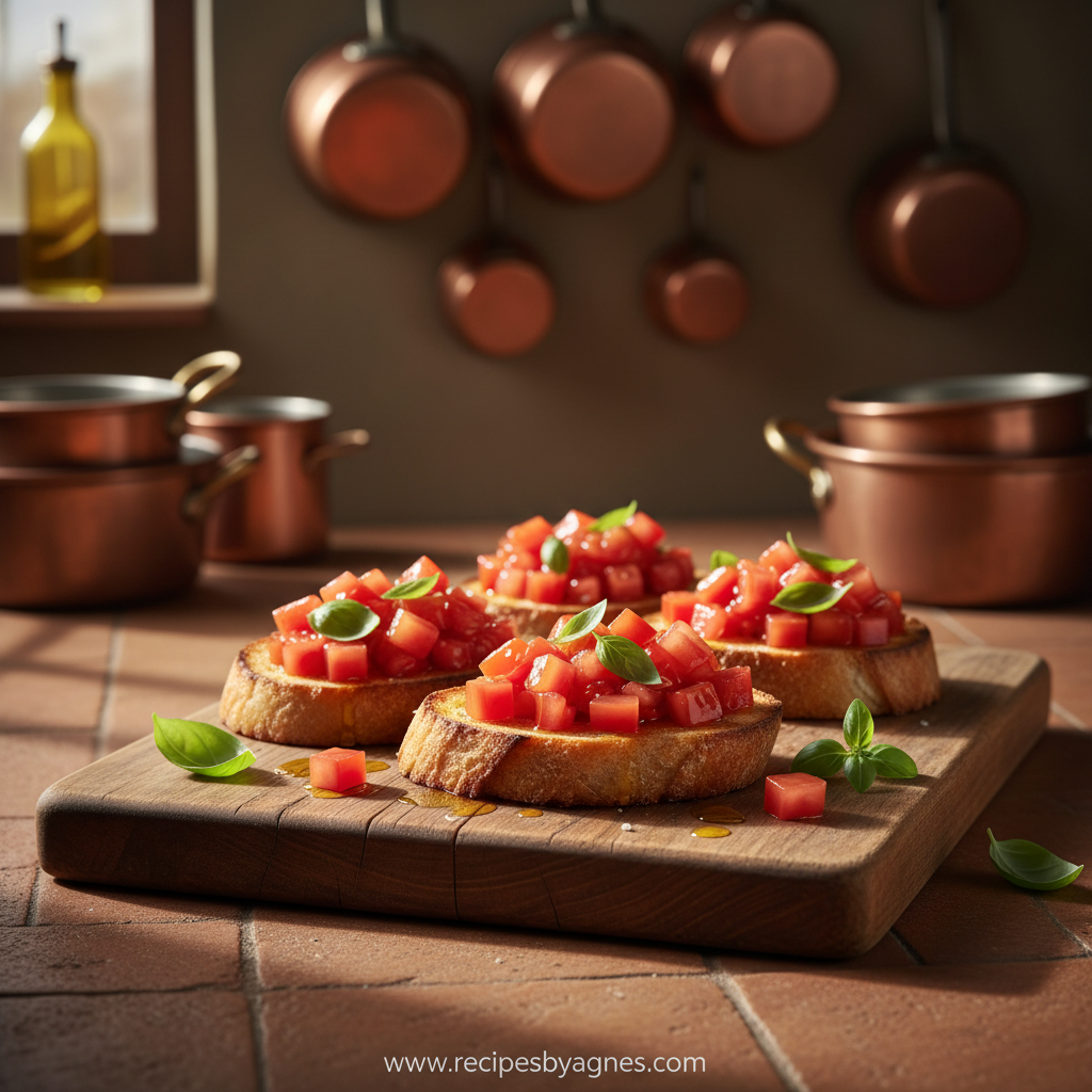 Homemade bruschetta with fresh tomatoes and basil on toasted bread