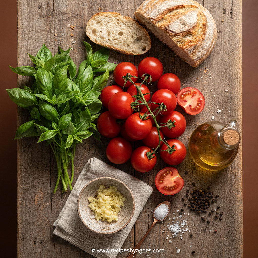 Ingredients for homemade bruschetta: tomatoes, basil, garlic, bread, olive oil, salt, and pepper