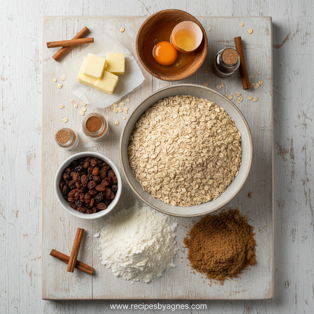 Ingredients for oatmeal cookies laid out on a counter