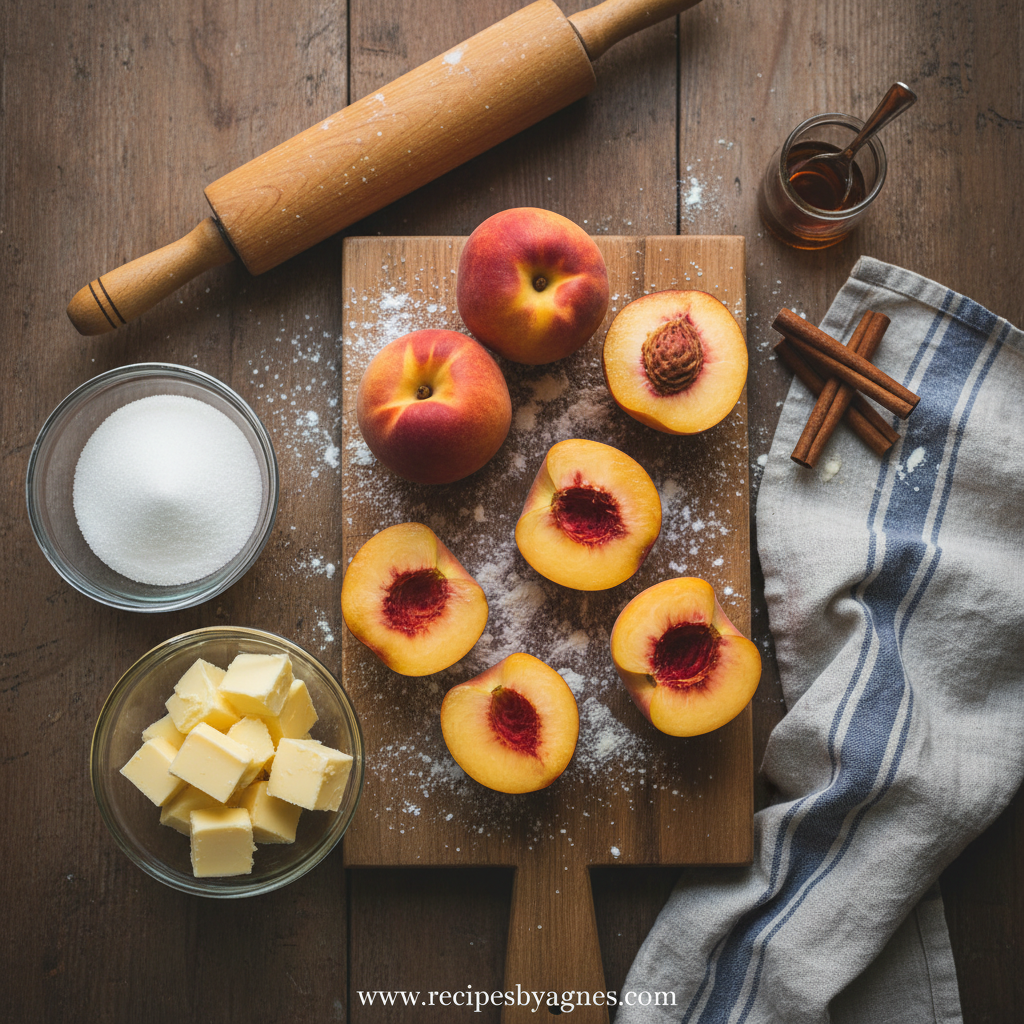 Ingredients for peach cobbler: fresh peaches, sugar, flour, butter, and spices.