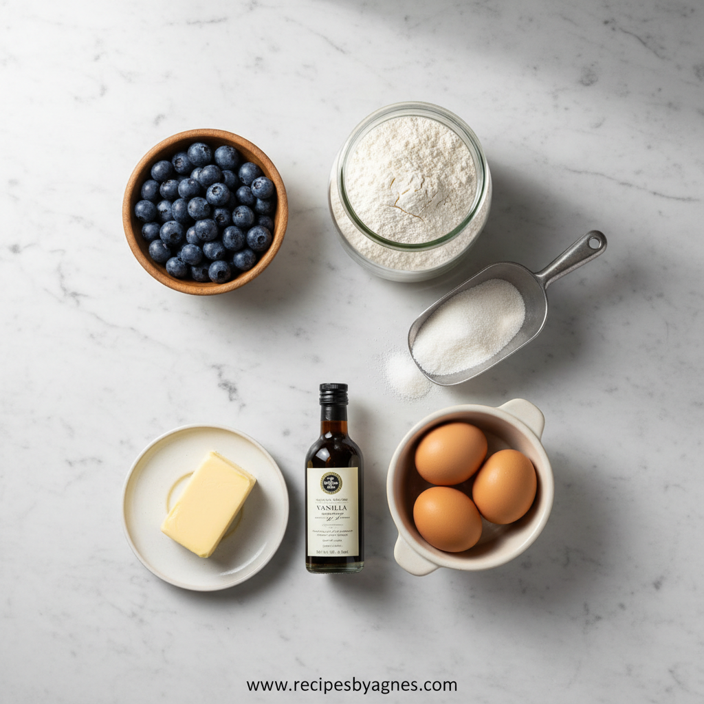 Ingredients for blueberry muffins laid out on a counter