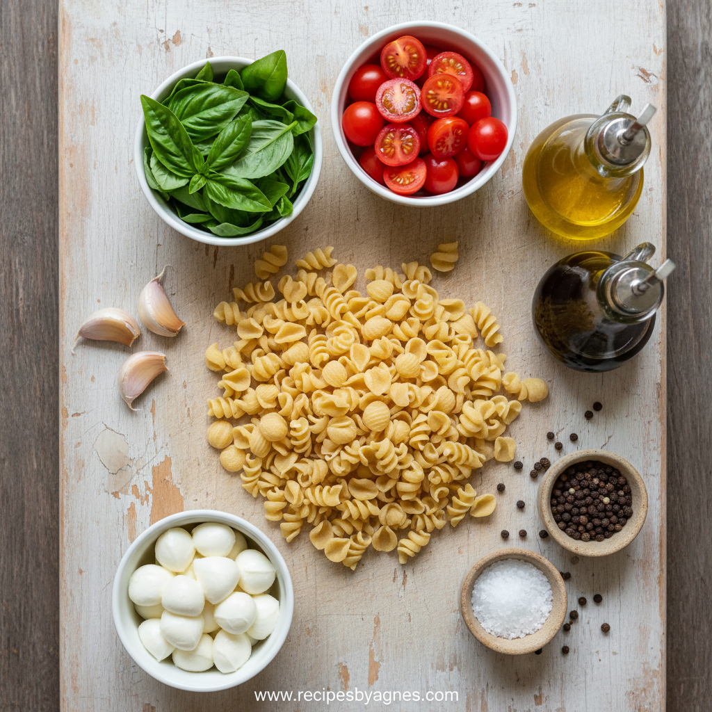 Ingredients for Caprese pasta salad