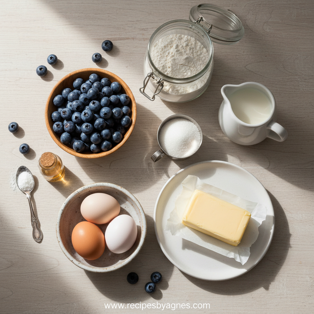 Ingredients for blueberry muffins laid out on a counter