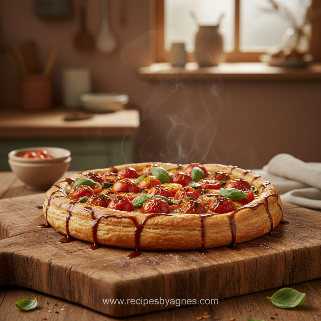 A golden puff pastry tart topped with fresh tomatoes and herbs