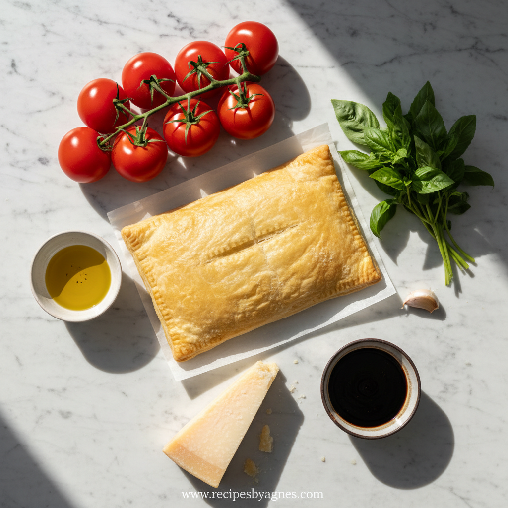 Ingredients for tomato puff pastry tart: puff pastry, ricotta, tomatoes, and herbs