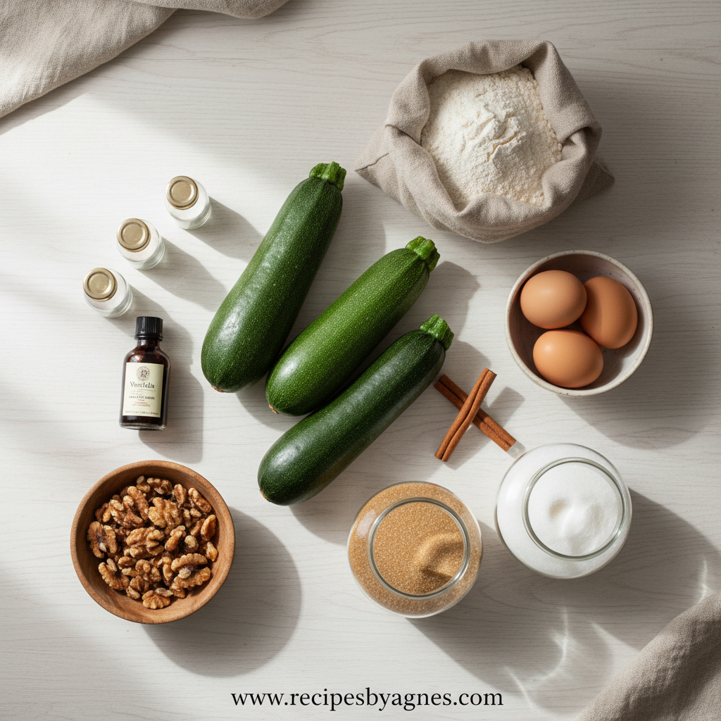 Ingredients for zucchini bread laid out on a counter